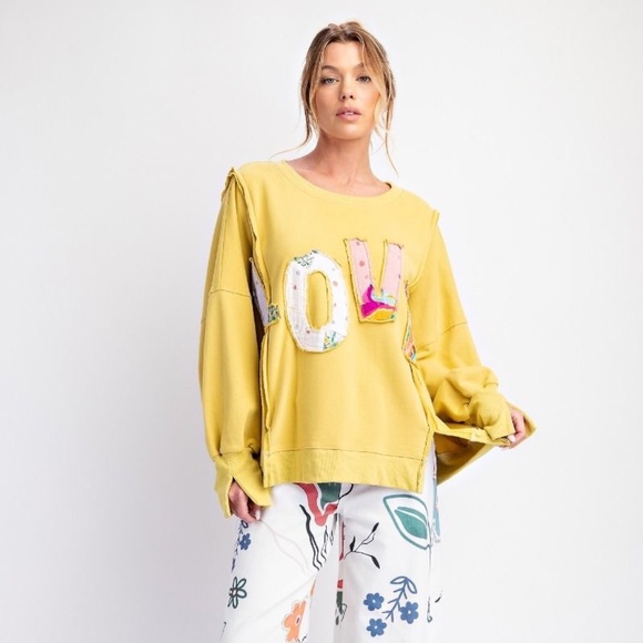 Easel Los Angeles Tops - New Easel LOVE Pullover Oversized Sweatshirt Knit Patches Plus Size Top Mustard